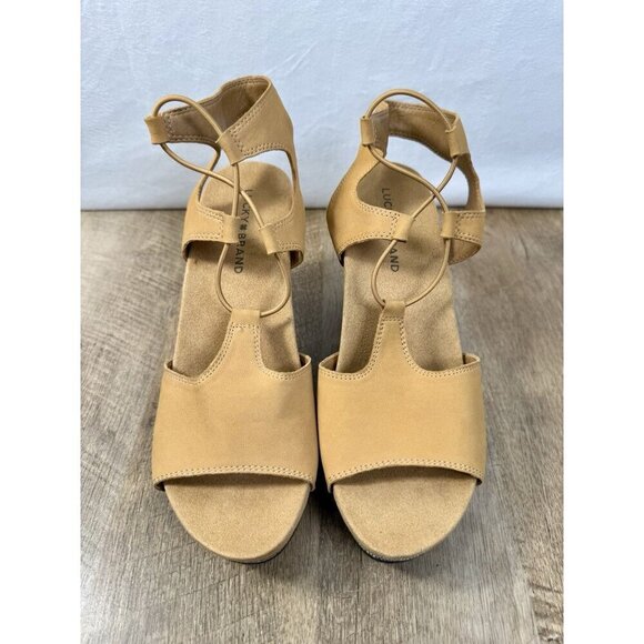 Lucky Brand Yejida Wedge Sandals Size 8.5 Tan Leather Espadrille Strappy Bungee - Picture 4 of 9